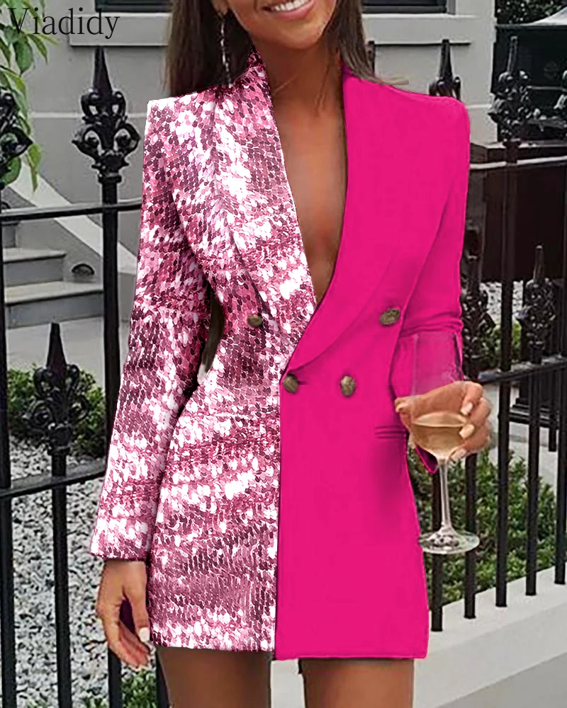 Women Office Dress Colorblock Patchwork 