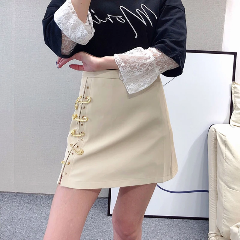 Женская кожаная юбка с высокой талией, декоративные булавки, облегающая, Сексуальная мини-юбка-карандаш