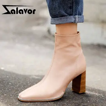 

ZALAVOR Real Leather Women Ankle Boots Solid Color Sweet Women Shoes Square Toe Casual Ladies Party Mujer Footwear Size 34-40
