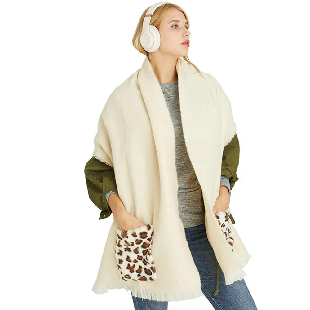 [AETRENDS] женский длинный шарф с карманами леопардовой расцветки, мягкие кашемировые шали из пашмины, зимние шарфы, K-0015