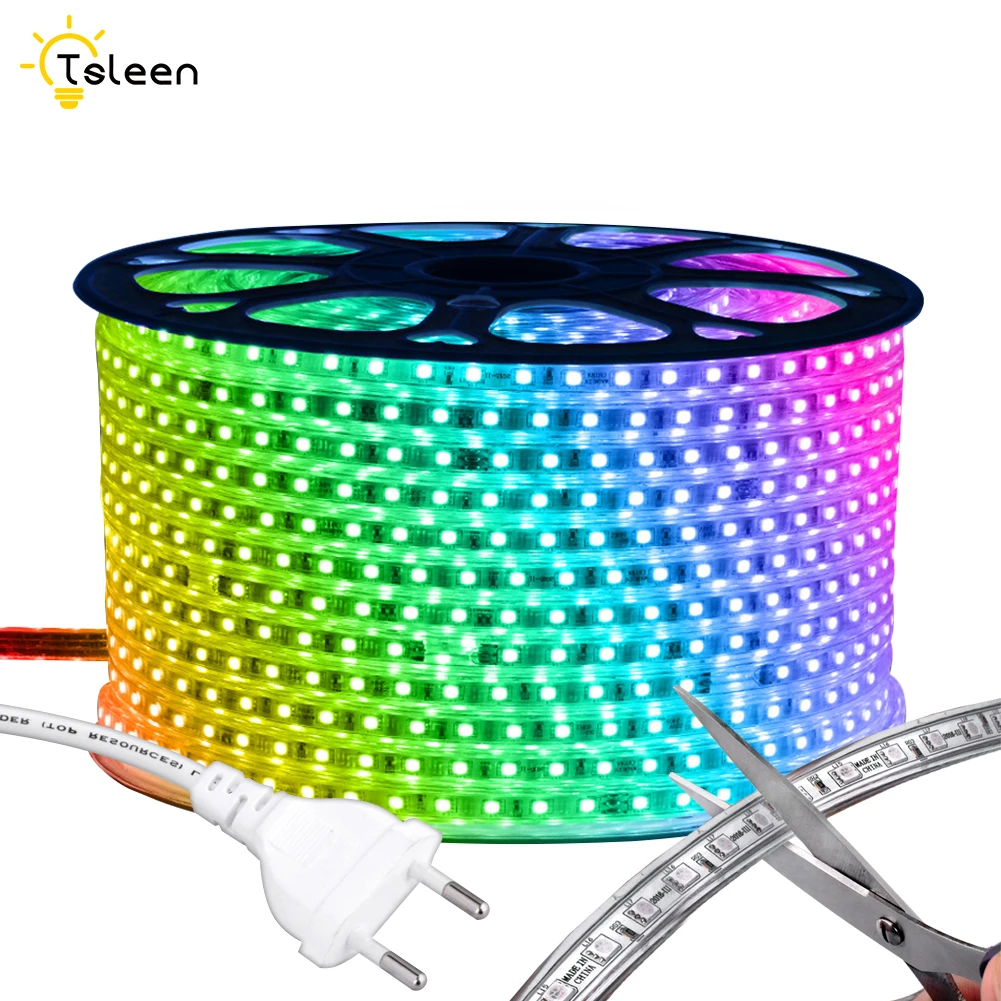 #cheap 5050 AC220V RGB LED Strip Flexible Light 60leds m Waterproof Led Tape LED Light With EU Power Plug 1M 2M 5M 6M 8M 9M 10M 15M 20M