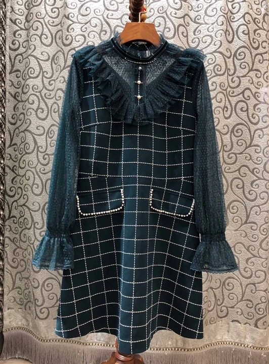 autumn Early new women's polka dot mesh splicing open line Plaid horn long sleeve perspective dress 1012