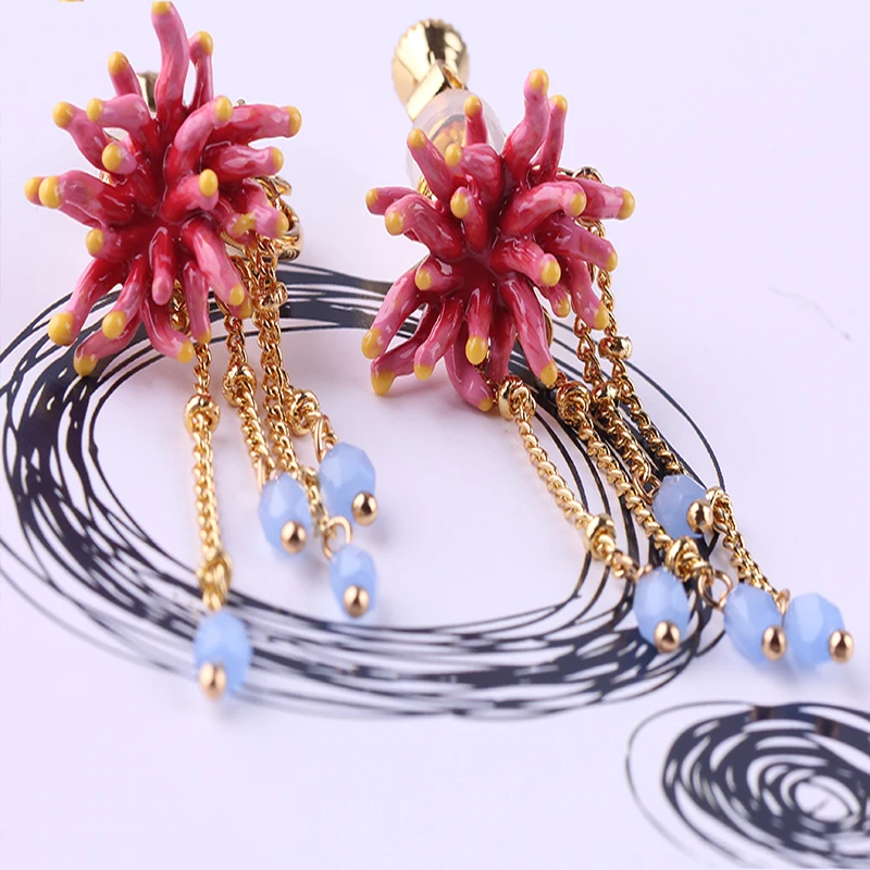 Французский стиль темперамент Элегантные Коралловые Серьги для пирсинга уха клипса кисточкой серьги модные супер сказочные серьги
