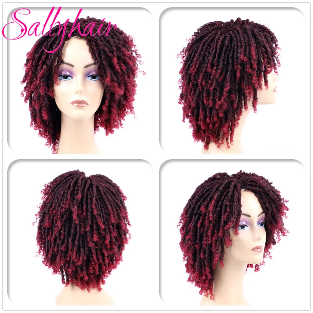 Dreadlock Hair Wig for Black Woman 14 inch Black Ombre Burgundy Brown Color Short Curly Faux Locs Braids Wigs (10)