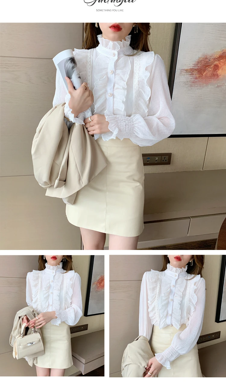 Cheap Korean Ruffled Chiffon Shirt Women Casual Vintage Long Sleeve White  Blouse Woman Elegant Flare Sleeve Fashion Tops 29719