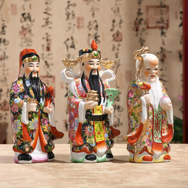 The Three Gods of Fortune Statue Chinese Color Handmade Decals Samsung Ceramic Ornaments Painted Sculpture Three-piece Suit