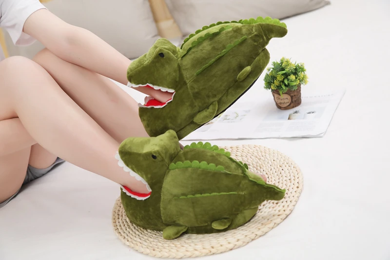 1PC New Cartoon Crocodile Plush Home Winter Warm Non-slip Cotton Funny Shoes Green Half Cover Toe Slides Furry Slides