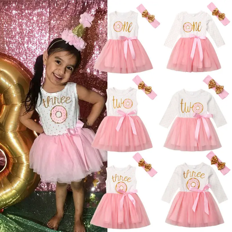 Toddler Baby Girl 1st Birthday Outfit Sleeveless One Donut Print Tutu Dress Headband Set