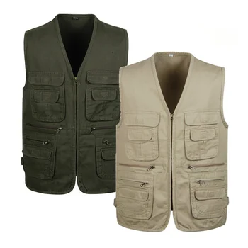 

2020 New Men Solid V-Neck Zipper Design Vests Sleeveless Coat With Many Pocket Size L-4XL