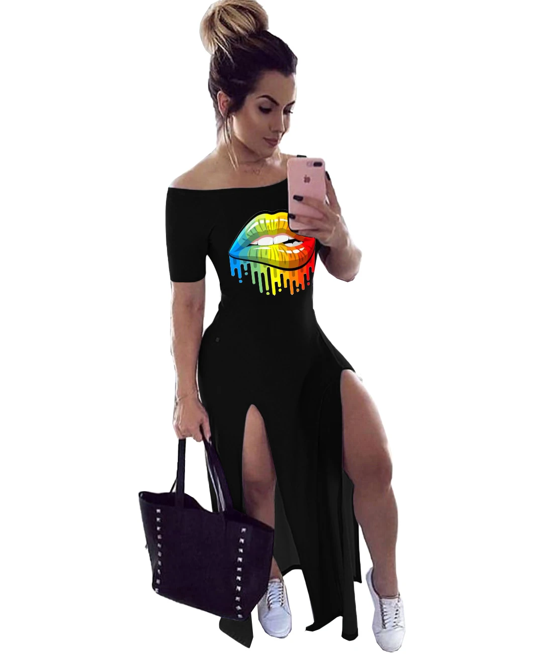 2020 Women Summer Fashion Dress Long Maxi Dress Slash Neck Mouth Print Bandage Beach Night Club Party Dresses Vestido GL5830