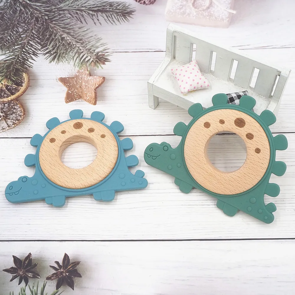 

Chenkai 10PCS Dinosaur Alpaca Unicorn Silicone Wooden Teether Baby Animal Teething For DIY Infant Nursing Chewing Teether Chains