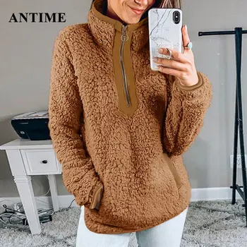 

Antime Fluffy Hoodie Women Long Sleeve Zipper Pockets Casual Tops Faux Fur Fleece Sweatshirt Winter Ladies Pullover Christmas