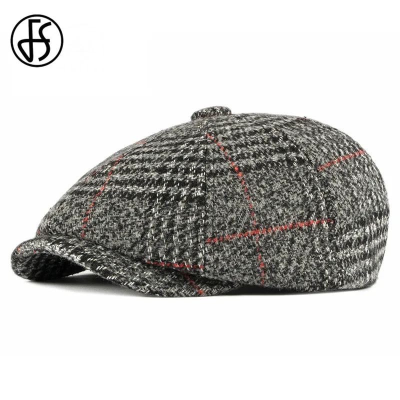 Мужская восьмиугольная шляпка FS черная клетчатая в британском стиле художника