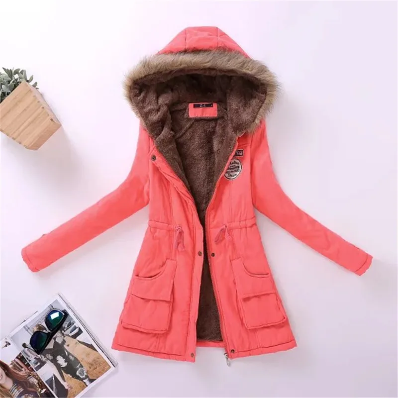 Женская парка, повседневная верхняя одежда, осень-зима, пальто с капюшоном в стиле милитари, зимняя куртка, женские меховые пальто, женская зимняя куртка s и пальто - Цвет: Watermelon red