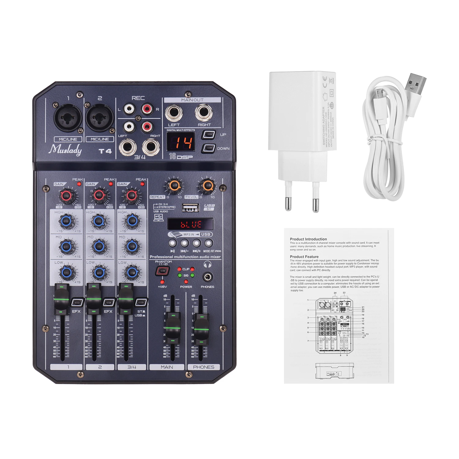 Muslady T4 Портативный 4 канальный звуковая карта микшерный пульт звукомикшер