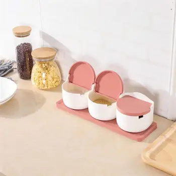 

1 Set of Triplet Seasoning Jar Simple Condiment Dispenser Round Spice Storage Pot with Spoon White and Watermelon Red
