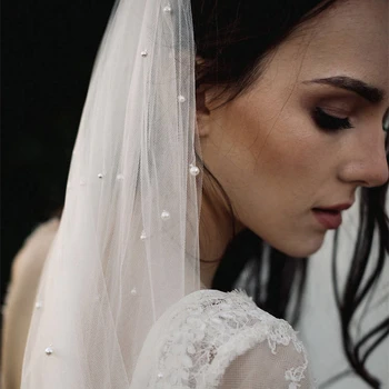 

2020 Luxurious White/Ivory Bridal Veils With Comb One Layer Soft Tulle Cathedral Veil Pearls Velos de Noiva Beaded Veil Wedding