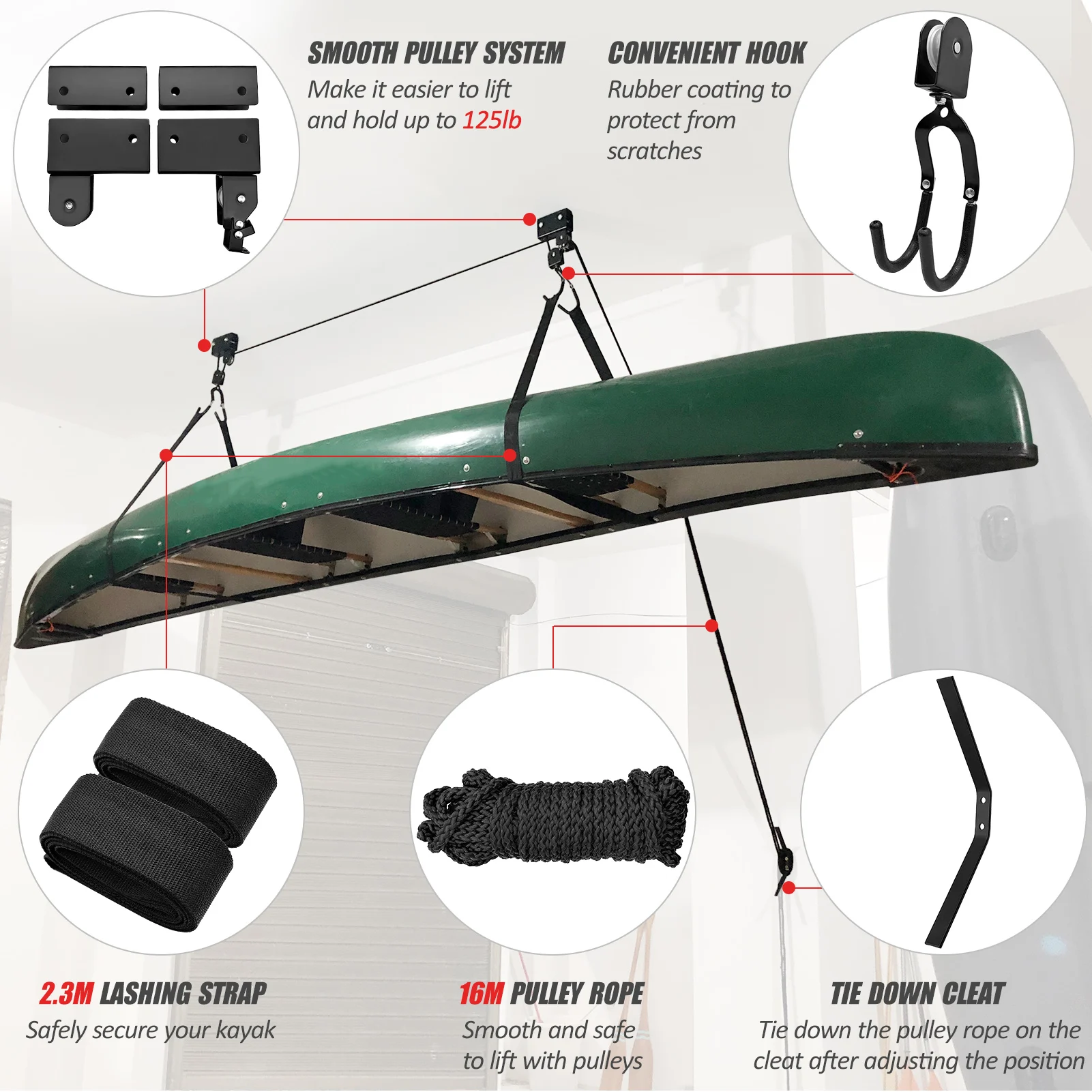 Kayak Ceiling Rack with Hanging Pulley System