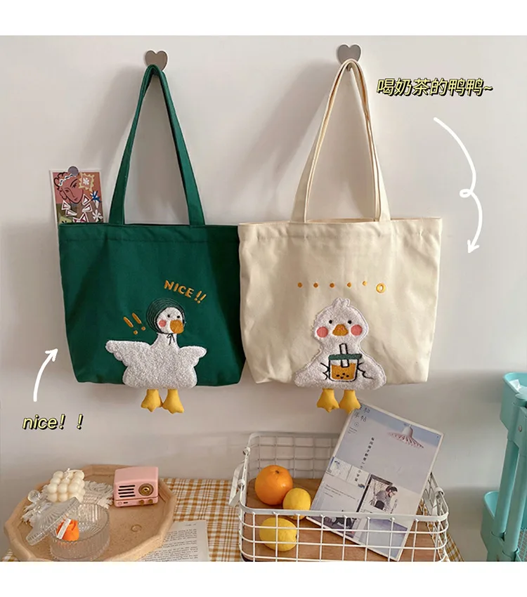 Cute Design Women's Canvas Shoulder Bag Lovely Duck Embroidery Student Girls School Book Tote Handbags Female Large Shopper Bags