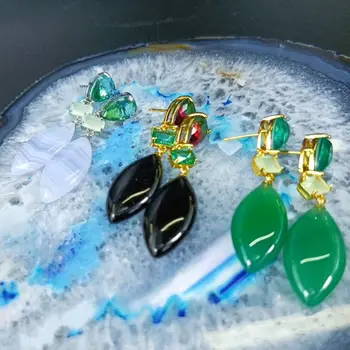 

Geometric black green emerald cut Natural stone Long drop earrings sterling silver 925 needle for women 2020 summer new