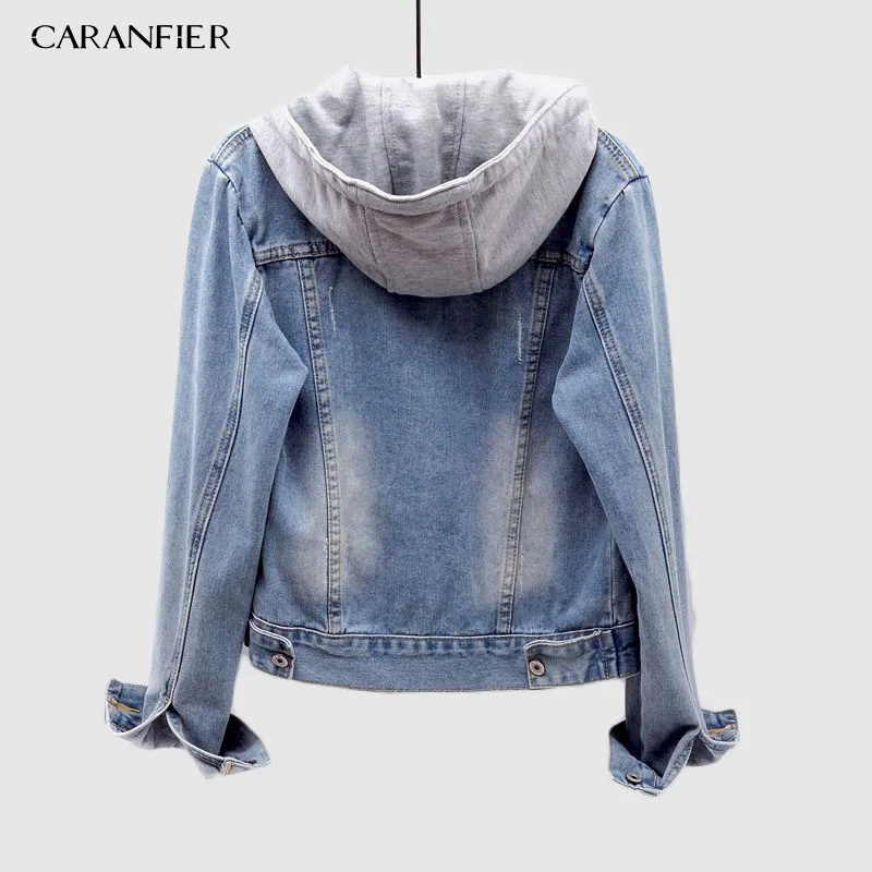 New  CARANFIER 2019 European Plus Europ Size Short Denim Jacket Autumn Fashion Bomber Denim Hooded Jacke