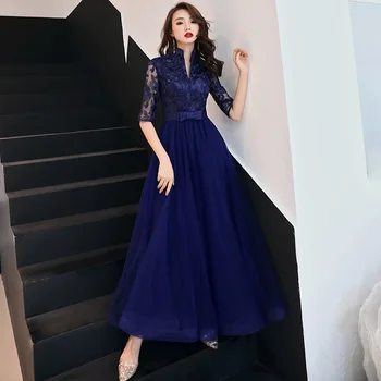 

2020 The Elegant High Neck Evening Dresses Fashion Lace Embroidery Floor Length Party Prom Gown Women Host Slim A-line Dress