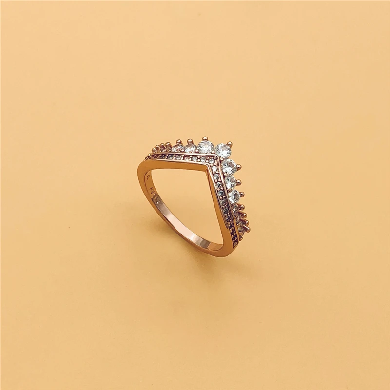 Cefuny Original 925 Sterling Silver Princess Wishbone Ring with Clear Cubic Zirconia Rose Gold Colour Autumn New Style