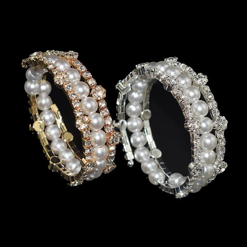 Fashion Crystal Open Wrist Bangles for Women Girls Luxury Imitation Pearl Gold Silver Plated Bracelets Bangles Bridal Jewelry 4