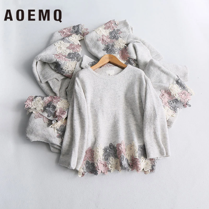 AOEMQ корейский свитер однотонный серый с цветочной вышивкой принтом Весенняя