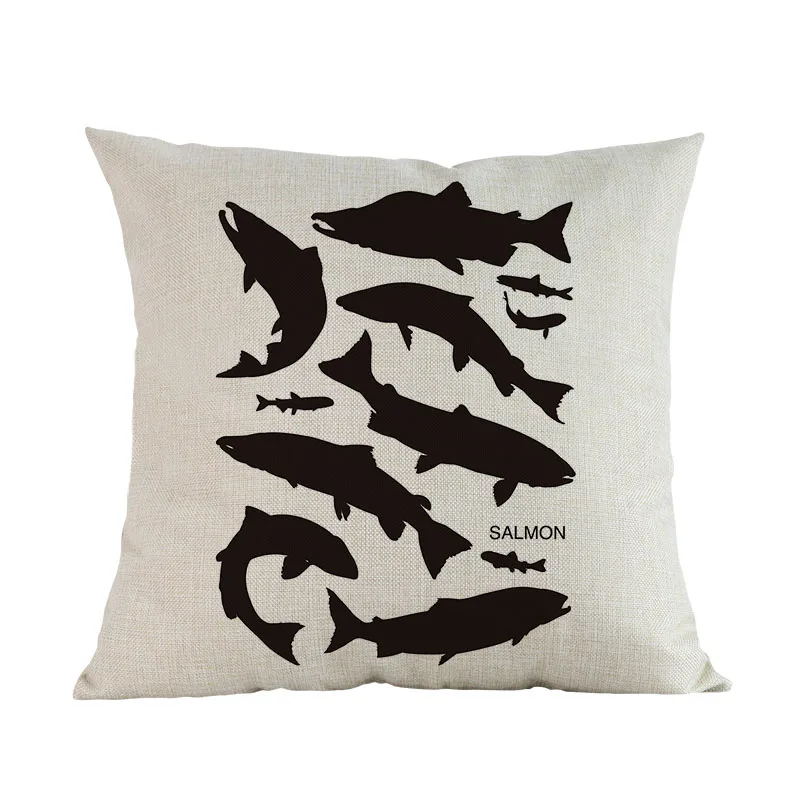 Черный силуэт стиль морфологическая рыба Koi бас Щука узор льняной бросок наволочка для дома декоративная подушка для дивана крышка