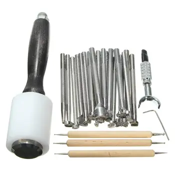 

25PCS Leather Embossing Tools Manual Craft Carving Kit Different Shape Stamps Set Saddle Making DIY Punch Wooden Hammer Beveler