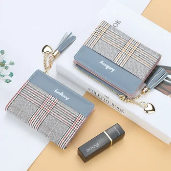 

Women Short Wallet Houndstooth Checked Pattern Zipper Hasp Small Money Bag Simple Tassel Coin Purse Cute Card Holder For Girls