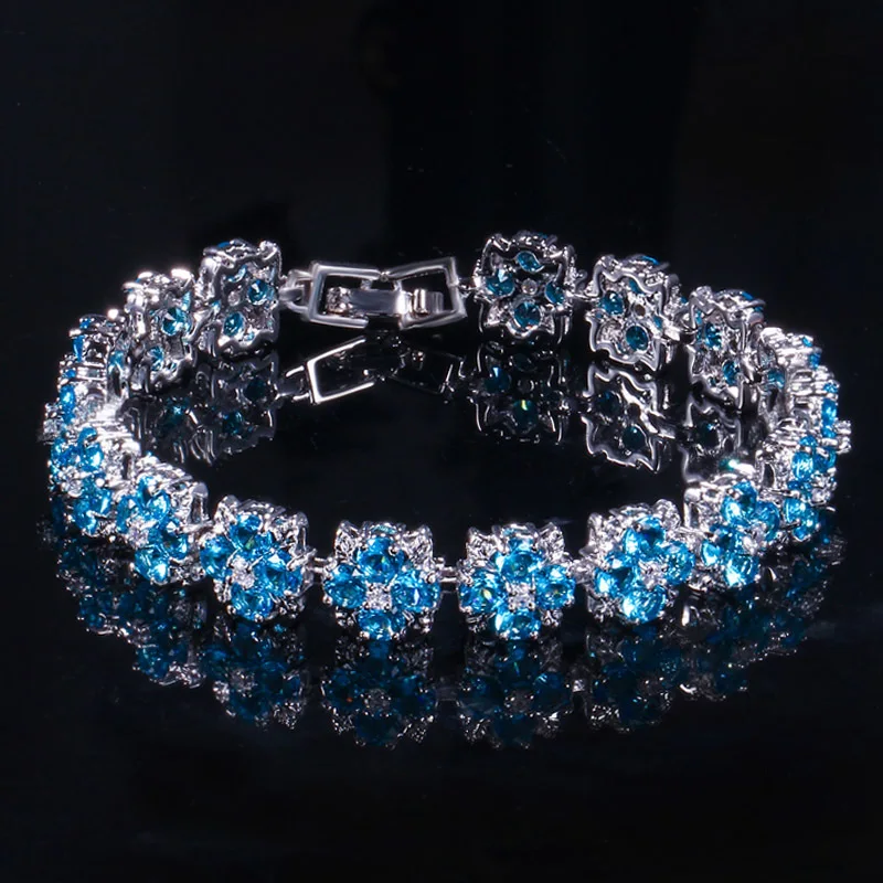 Sky Blue Вонг дождь 925 пробы серебро создан Муассанит Изумруд Рубин драгоценный камень браслет очарование цветок Браслеты хорошая бижутерия ювелирные изделия по оптовым ценам - Цвет камня: Sky Blue