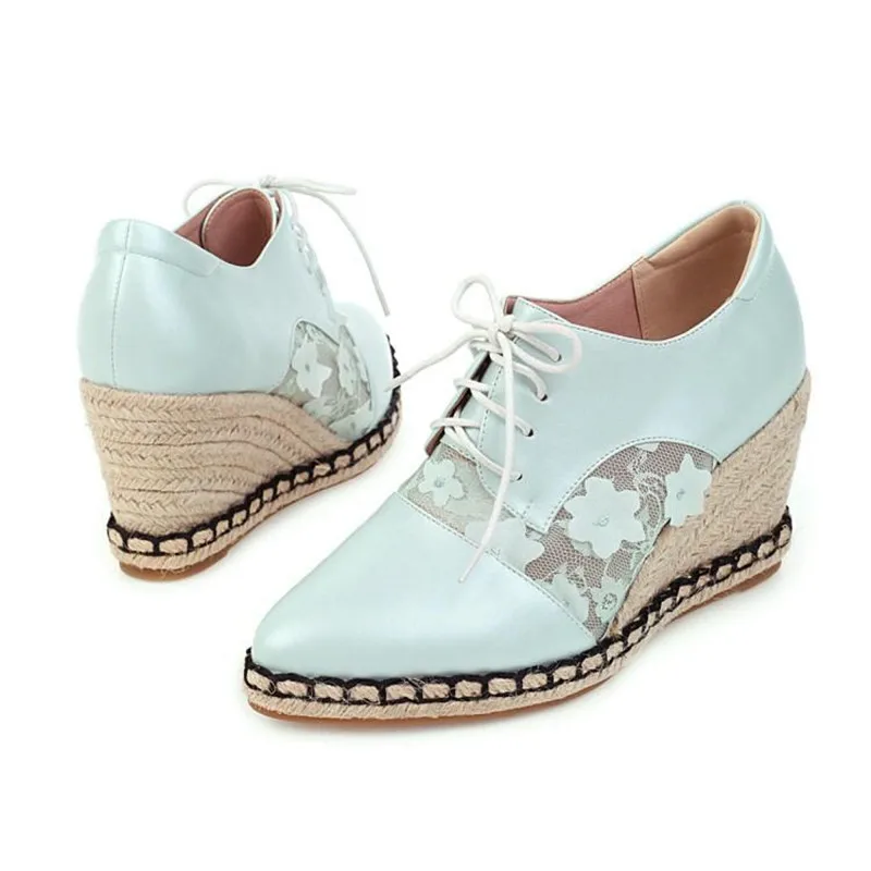 2020 Spring Autumn New Straw Wedge Shoes Women Deep Mouth High Heels Mesh Lace Stitching Lace-Up Pointed Toe Pumps Women's Shoes (25)