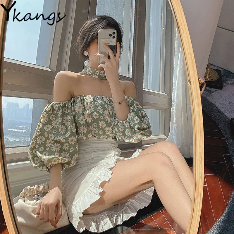 

Daisy Print Slash Neck Pullover Baggy Lantern Sleeve Blouses Women Sexy High Waisted Slim Pleated Hip Ruffle A-line Skirts Suits