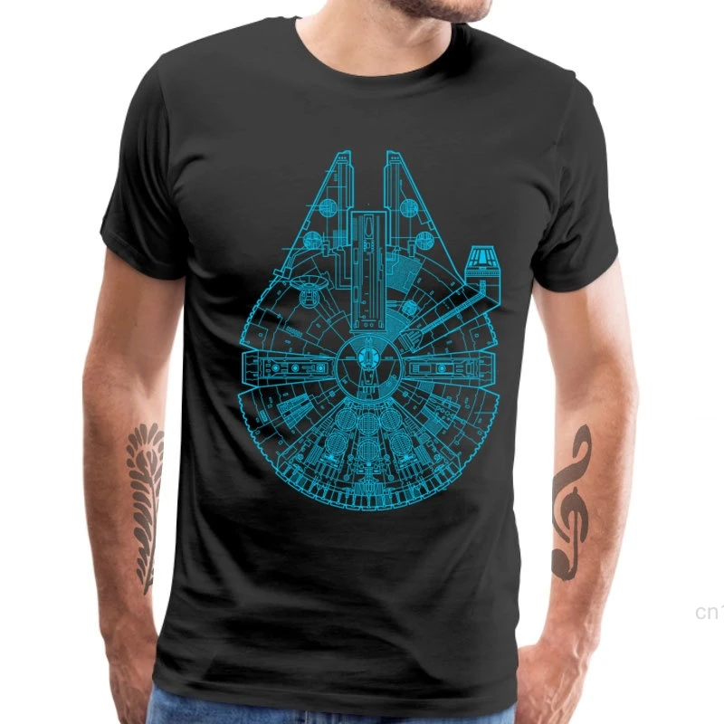 Maglietta Regalo Uomo Millenium Falcon Blueprint Tshirt 100% Cotone Father Day Tees Retro Geometric Spaceship Print Clothes