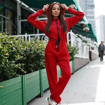 

Hooded Zipper Women's Jumpsuit Romper Long Sleeve Solid Red Casual Loose Party Jumpsuit For Woman 2020 Autumn Female Clothes