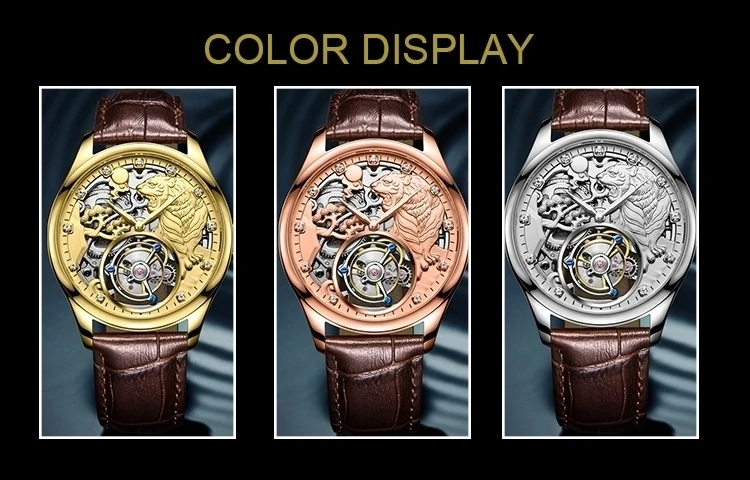 Индивидуальные роскошные золотые с тигром циферблат Мужские Tourbillon полые механические часы хронограф аналоговые часы кожаные мужские наручные часы