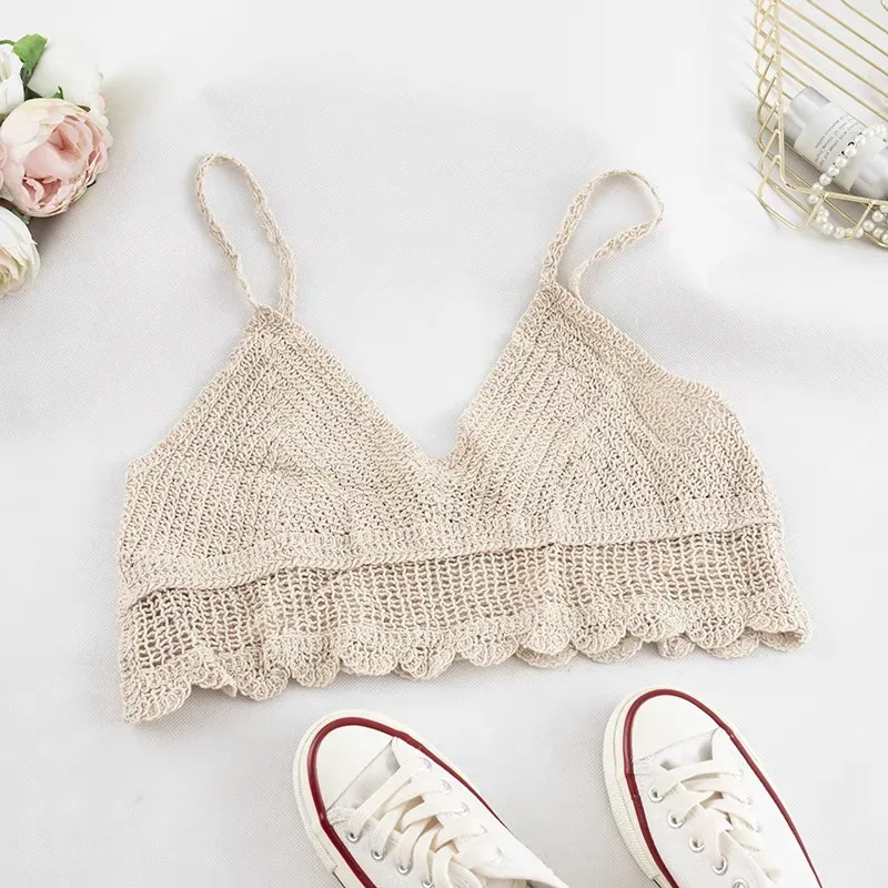 cream camisole Rings Diary Women Summer Crochet Crop Top V Neck Spaghetti Strap Candy Color Lettuce Edge Cute Top Backless Sexy Beachwear Top cheap bras