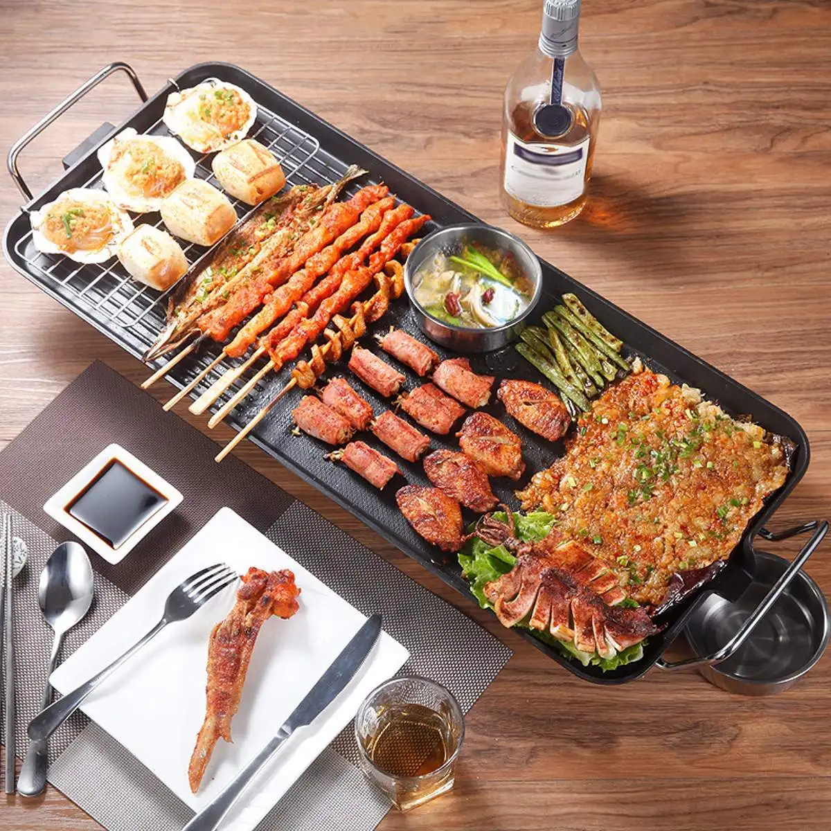 1500W Non Stick Electric BBQ Grill Smokeless Barbecue Machine 5-Level Adjustable Household Electric Grill Ovens Cooking Tool