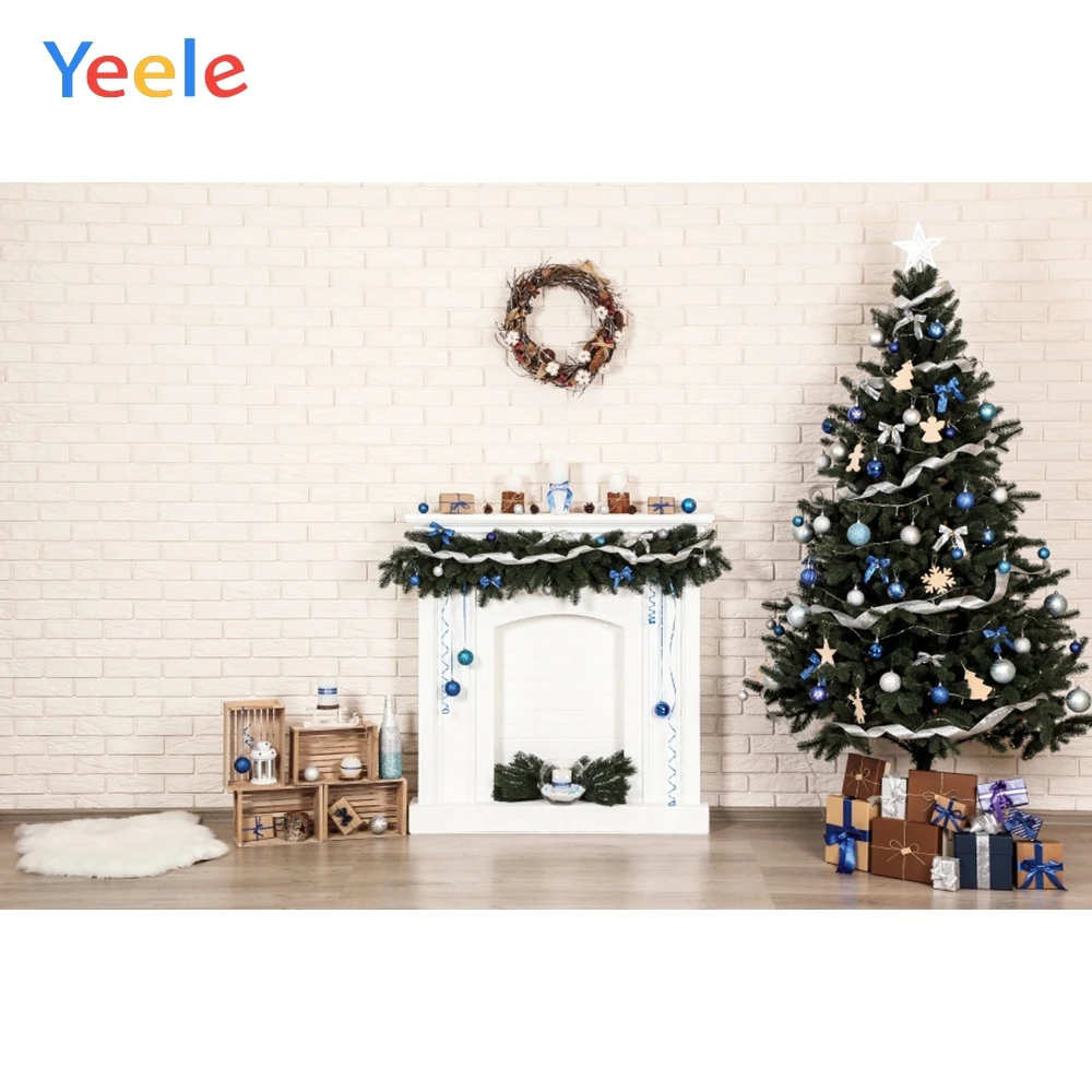

Christmas Tree White Brick Wall Fireplace Wood Floor Baby Backdrop Background Photography Backdrops Vinyl Photophone Photozone