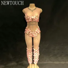 Сияющие розовые цветы горный хрусталь певица танцовщица яркий костюм боди цельный ночной клуб платье наряд партии сексуальные платья