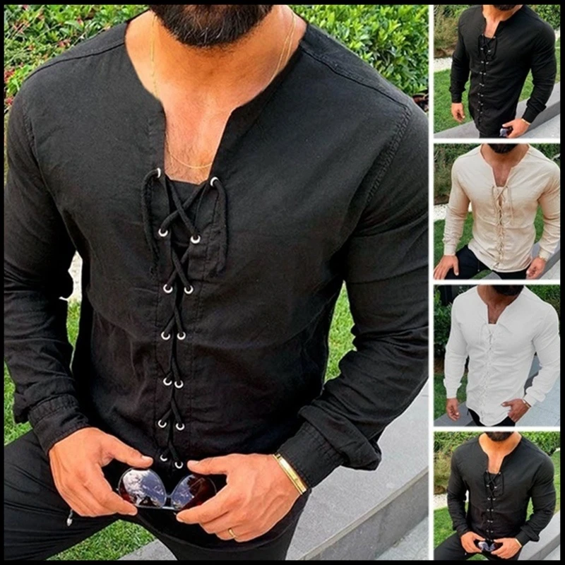 Chemise Manches Mi Longues Pour Homme Chemise En Coton Pirate Lander Knight Tunique A Lacets Decontracte Aliexpress