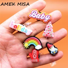 Breloques de croco de vacances arc en ciel pour bébé, gant d'arbre de noël, accessoires de chaussures de styliste JIBZ, sabots de décoration originaux 