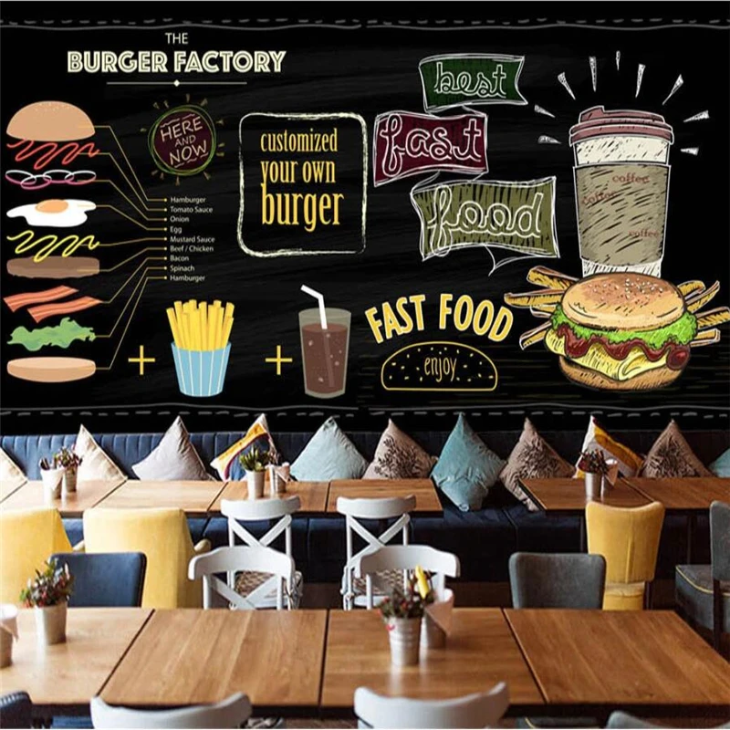

Drop Shipping Custom Wallpaper Mural European And American Hand-painted Burger Fast Food Restaurant Snack Bar Mural 3d Wallpaper