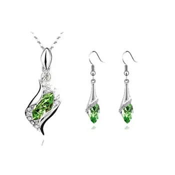

QiLeSen/925 Sterling Silver Necklace Earrings/Ladies Silver Green Jewelry Set/Wedding/ Engagement/Fine Jewelry S096