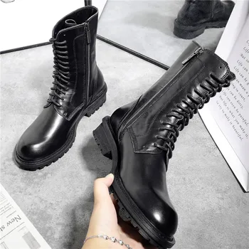 

British Style Big-Brand Star Same Style High Quality leather Ankle Boots Fall Winter Plush Cross-Tied Women Shoes Botas Feminina