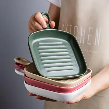 

MDZF Square Shape Baking Pan With Handle Ceramic Non-Stick Baking Dishes Bakeware Tray Kitchen Salad Plate Nordic Style