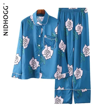 

Spring Silk-like Casual Pajamas for Women Long Sleeve Printing Satin Sleepwear 2 Piece Set Loungewear Floral Lapel Pijamas Mujer