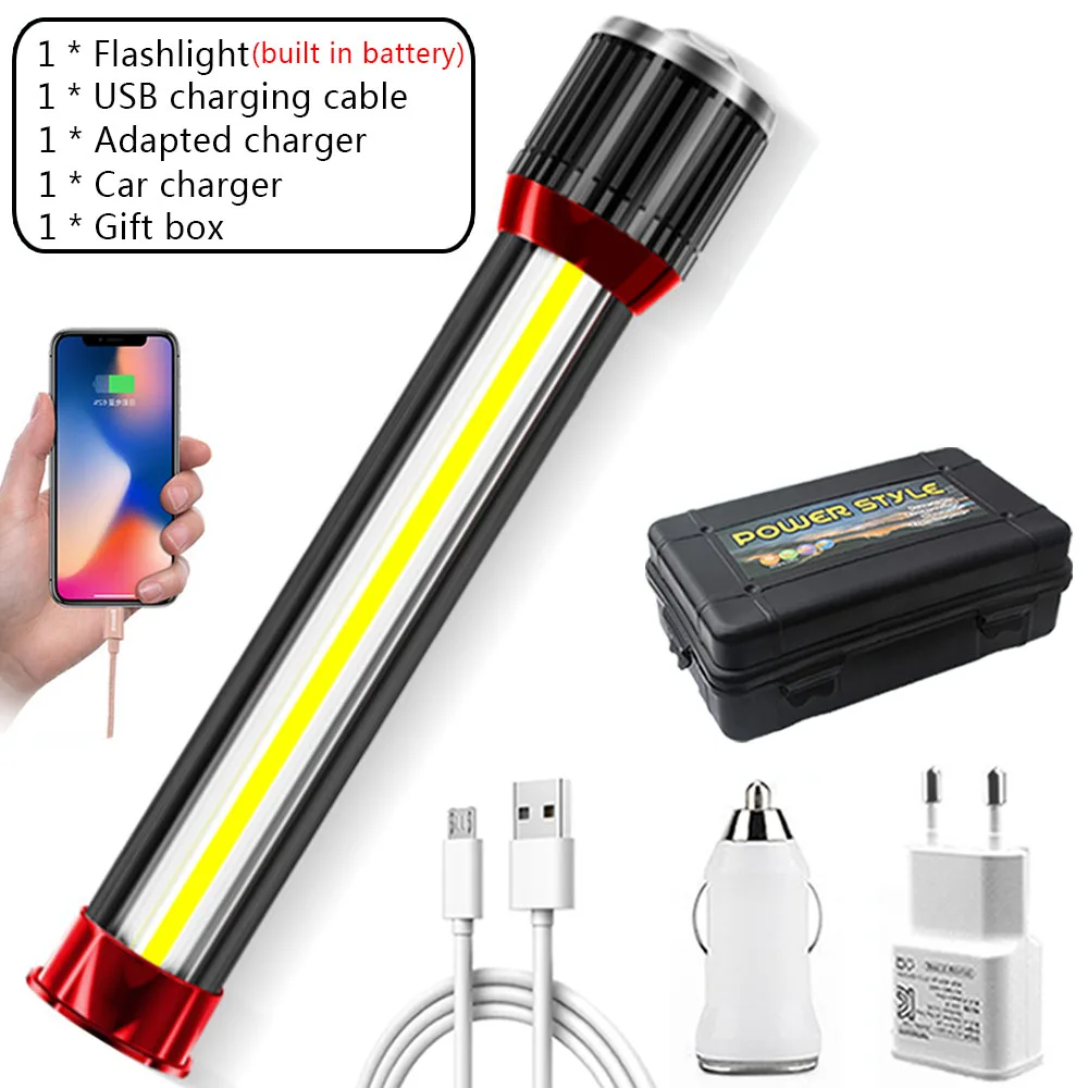 Novelty LED Flashlight Rotating Telescopic Zoom LED Torch with Side Light Rechargeable Camping Light Floodlight Can Charge Phone super bright flashlights Flashlights